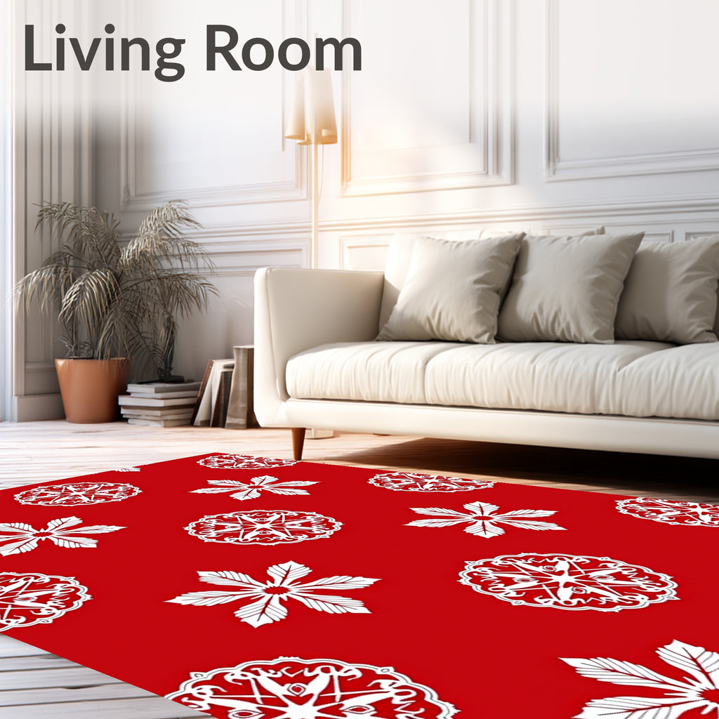 Crimson White Snowflake Mandalas Rug