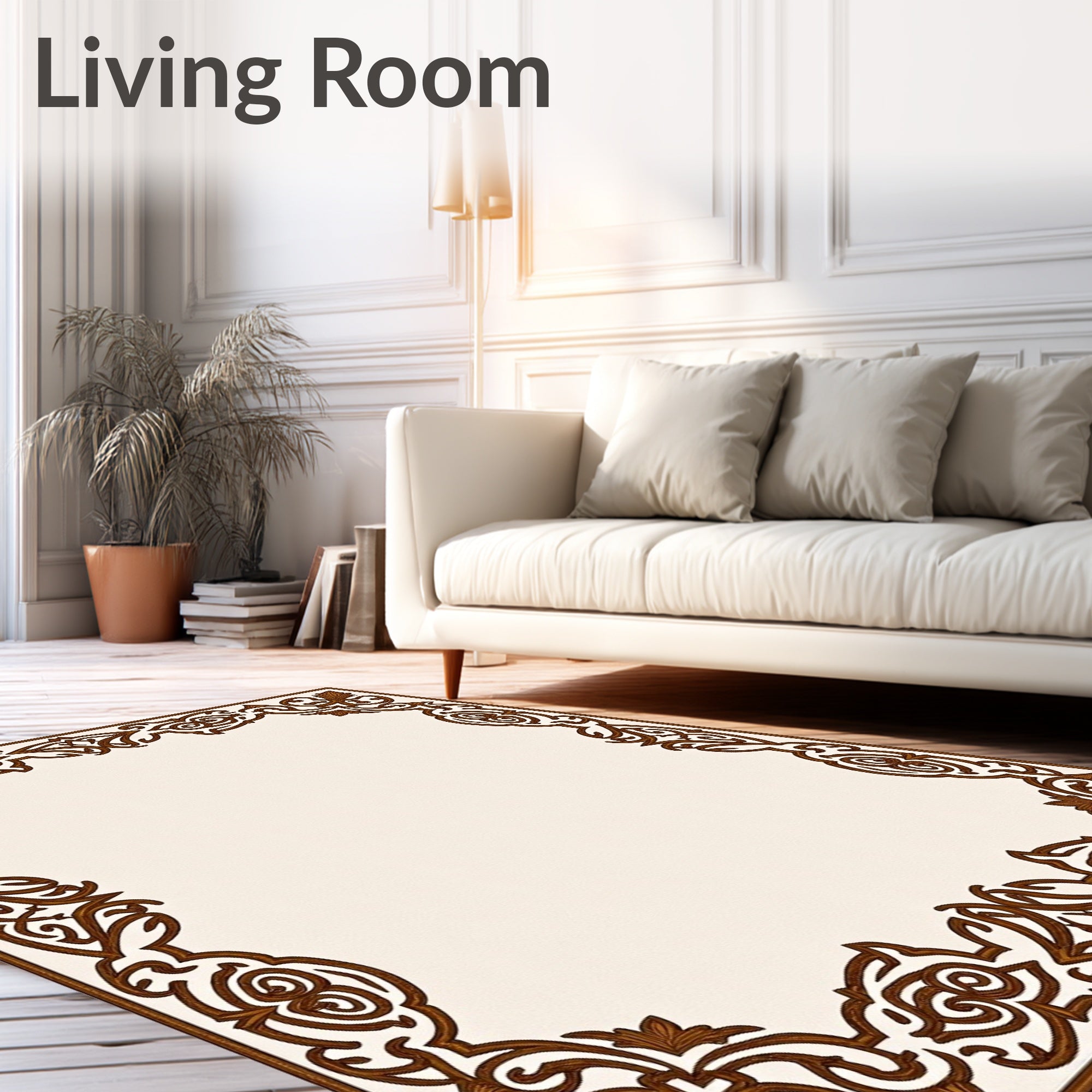 Rich Brown Scrollwork Floral Border Rug
