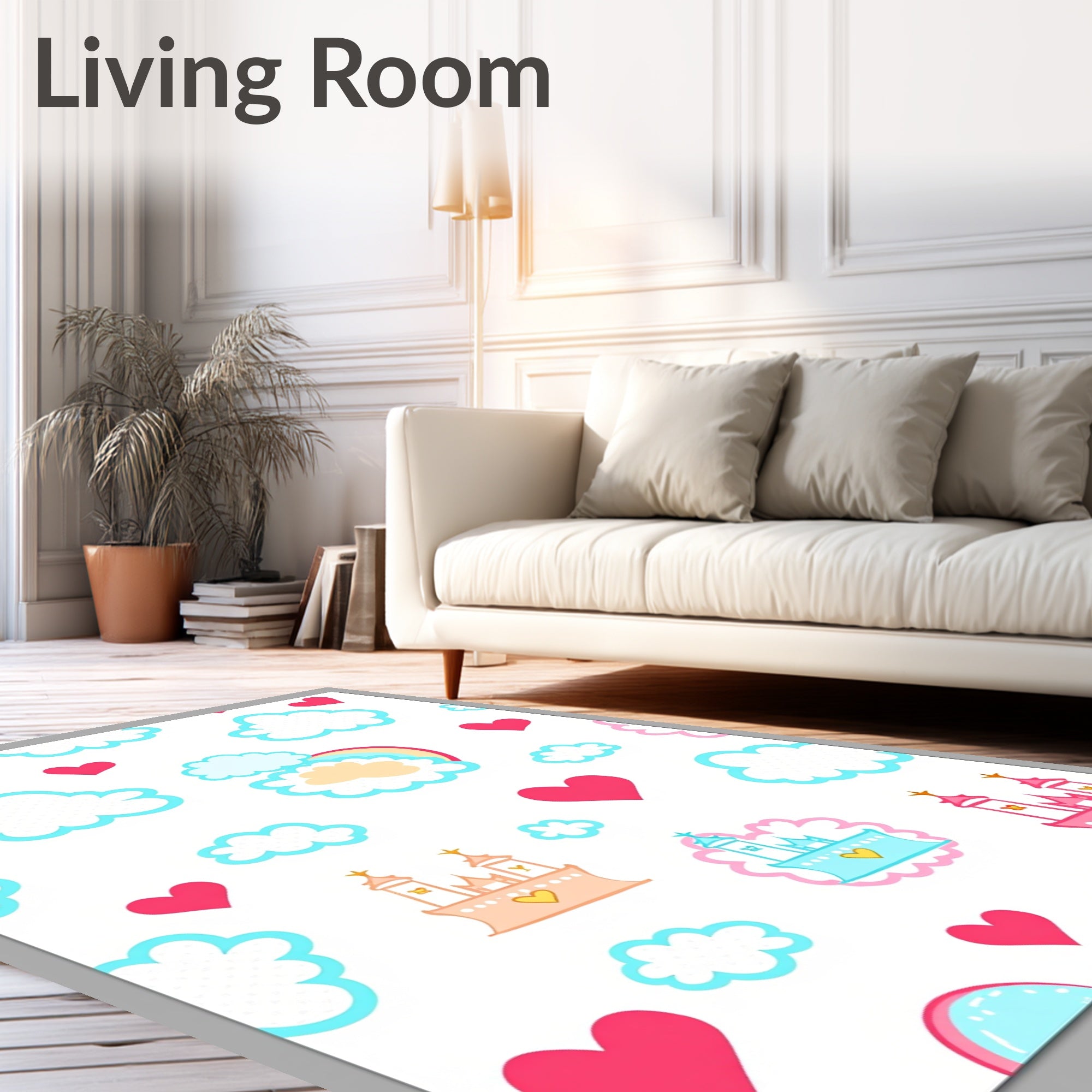 Whimsical Pink Castle Cloud Heart Rug