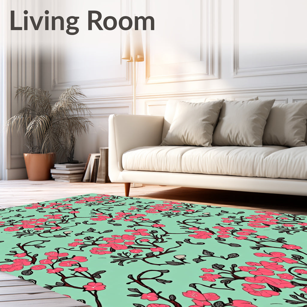 Pink Blossom Branches on Mint Background Rug
