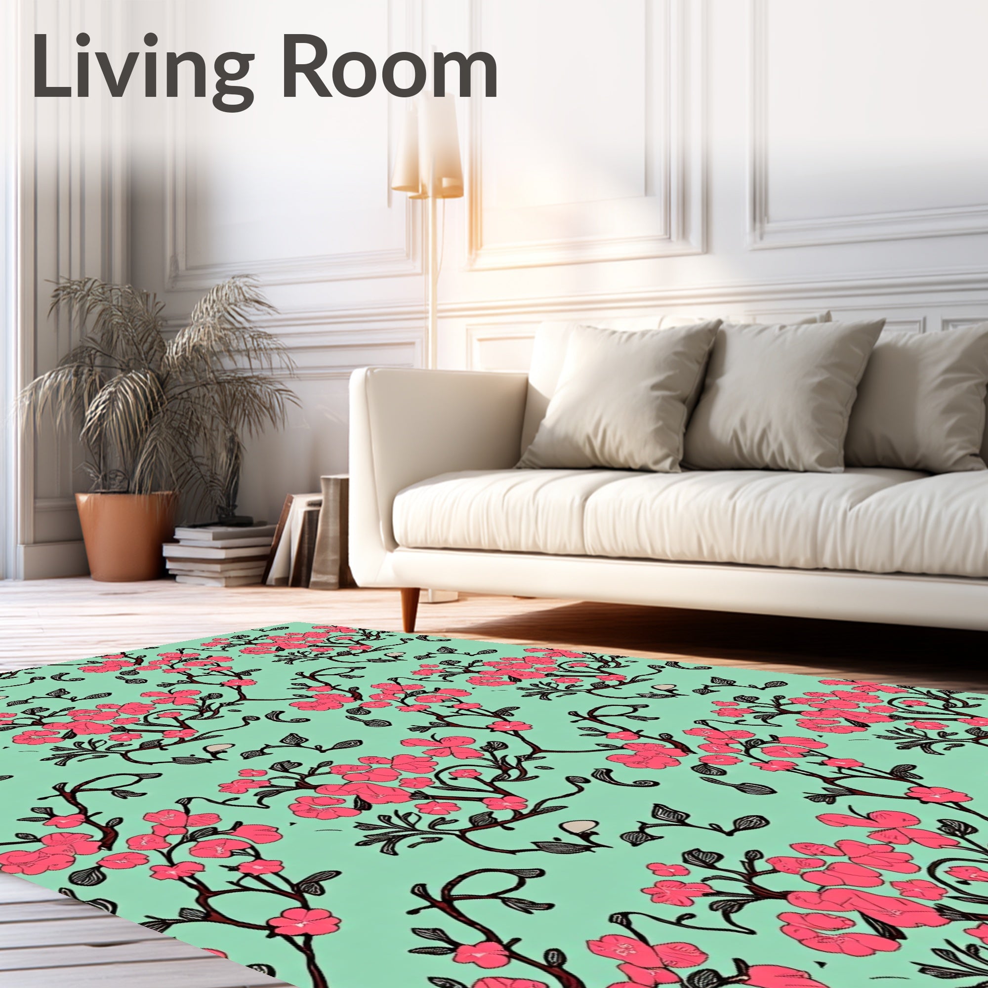 Pink Blossom Branches on Mint Background Rug
