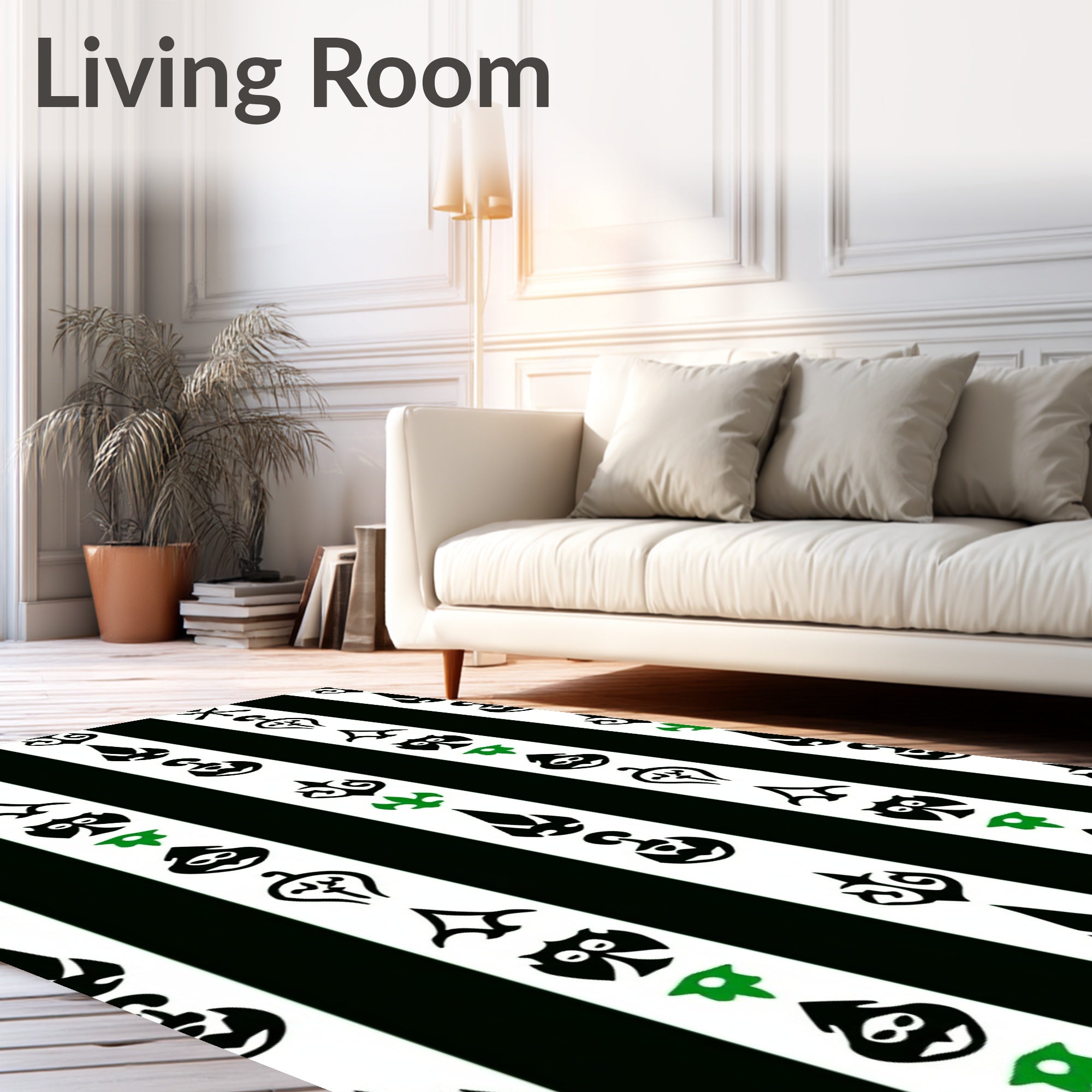 Bold Black White Green Symbolic Stripes Rug