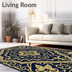 Royal Blue Golden Ornamental Flourish Rug