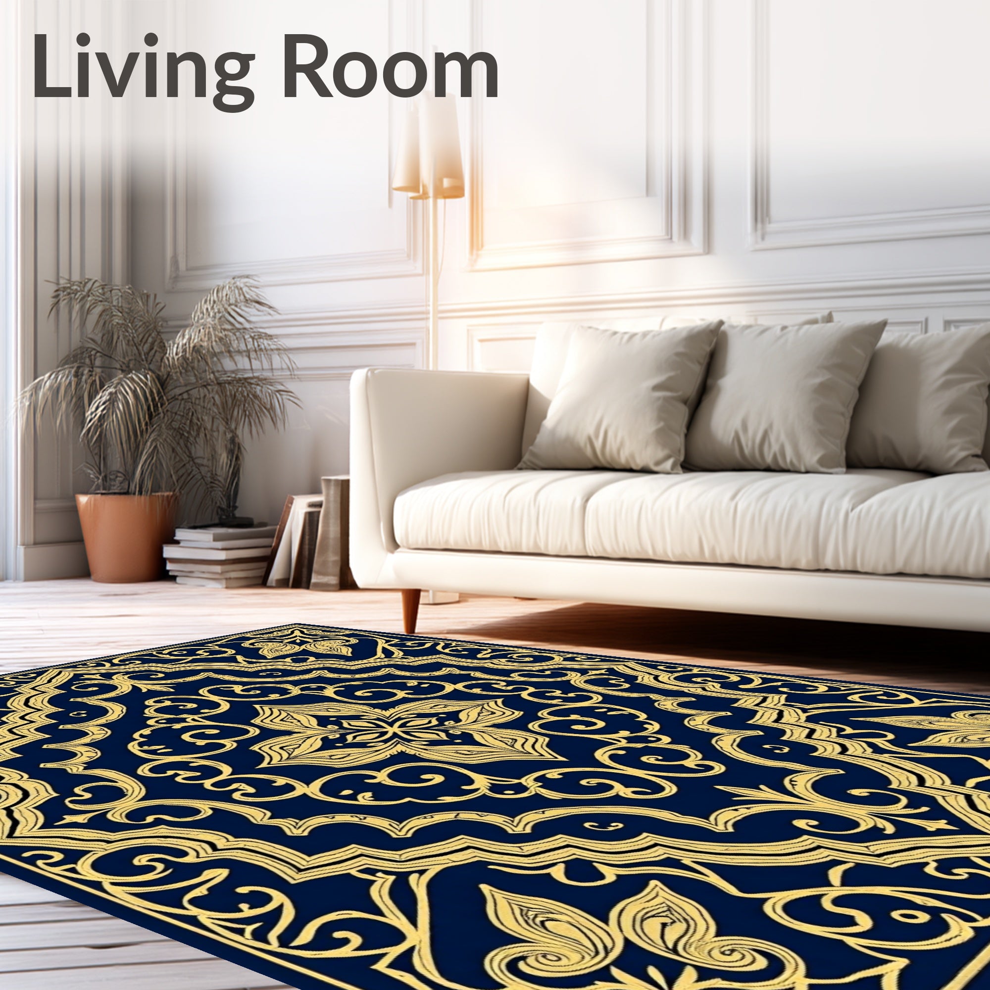 Royal Blue Golden Ornamental Flourish Rug