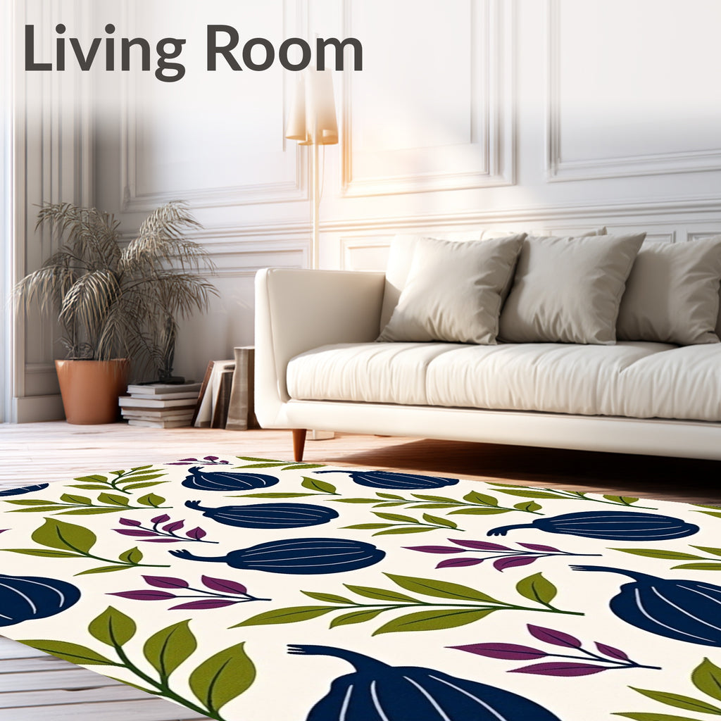 Deep Blue Fig Leaf Botanical Arrangement Rug