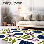 Deep Blue Fig Leaf Botanical Arrangement Rug
