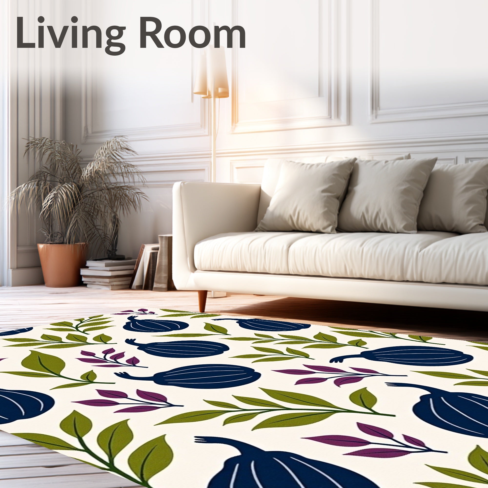 Deep Blue Fig Leaf Botanical Arrangement Rug