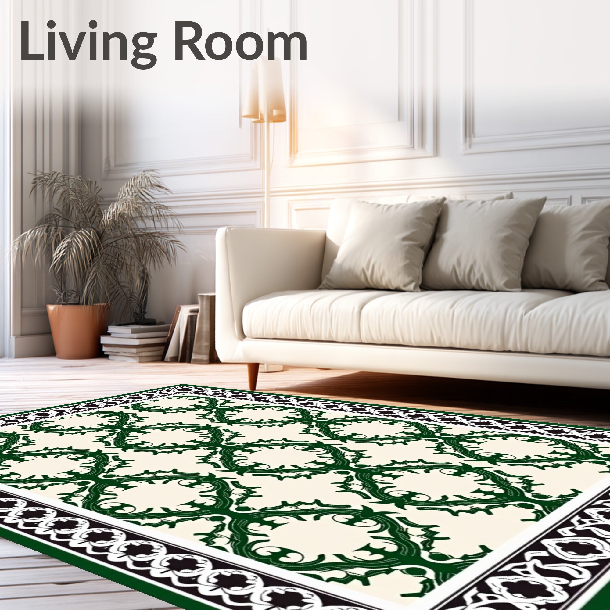 Deep Green Vine Scroll Border Rug