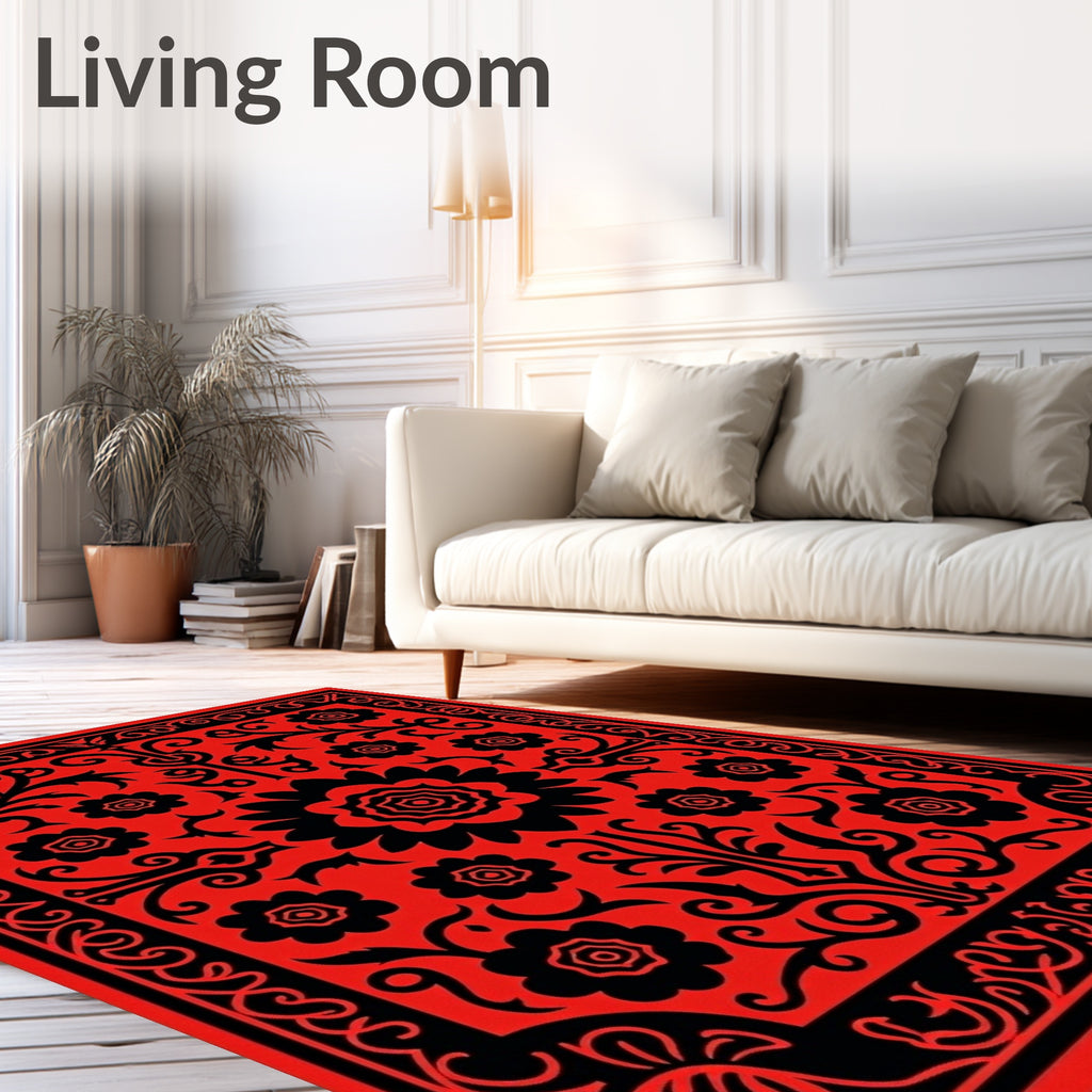 Bold Floral Red Black Border Rug