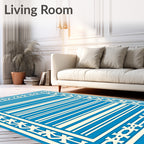 Crisp Aqua Cream Striped Geometric Border Rug