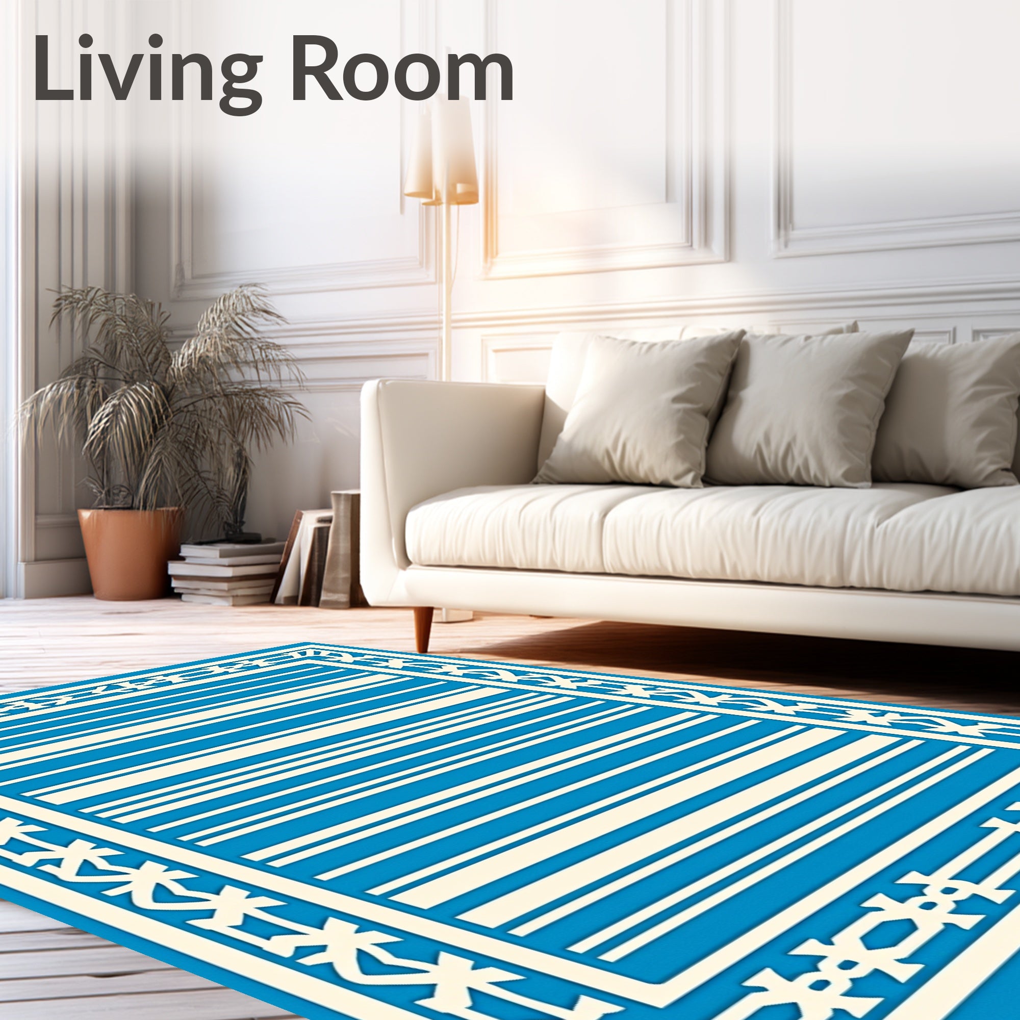 Crisp Aqua Cream Striped Geometric Border Rug