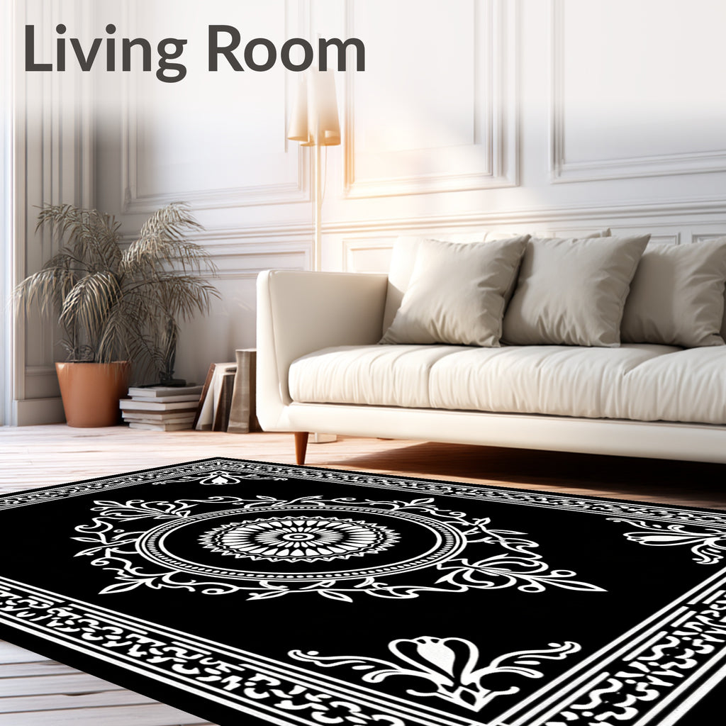 Black White Intricate Mandala Frame Rug