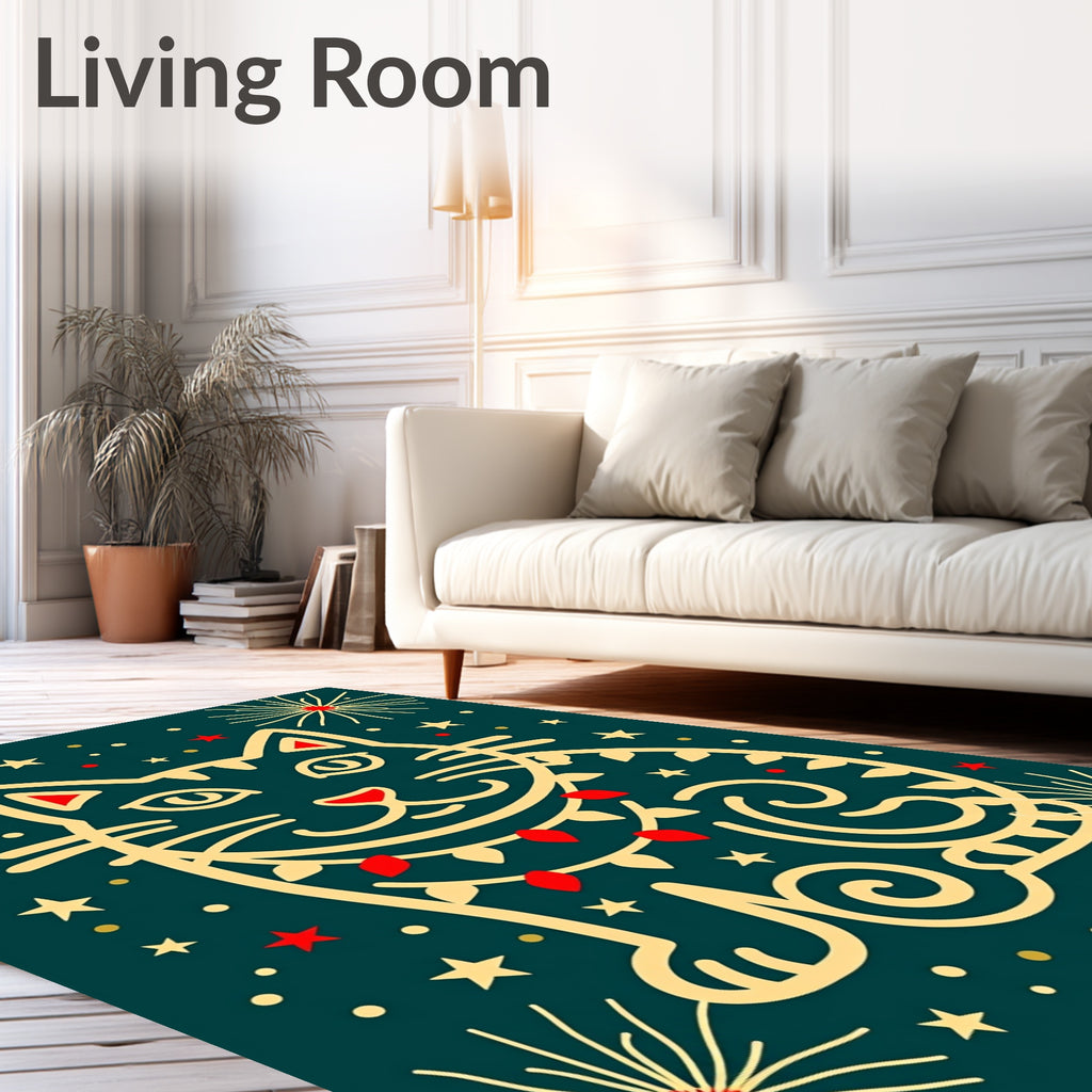 Festive Teal Cat Firework Celebration Rug