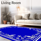 Deep Blue White Botanical Floral Frame Rug