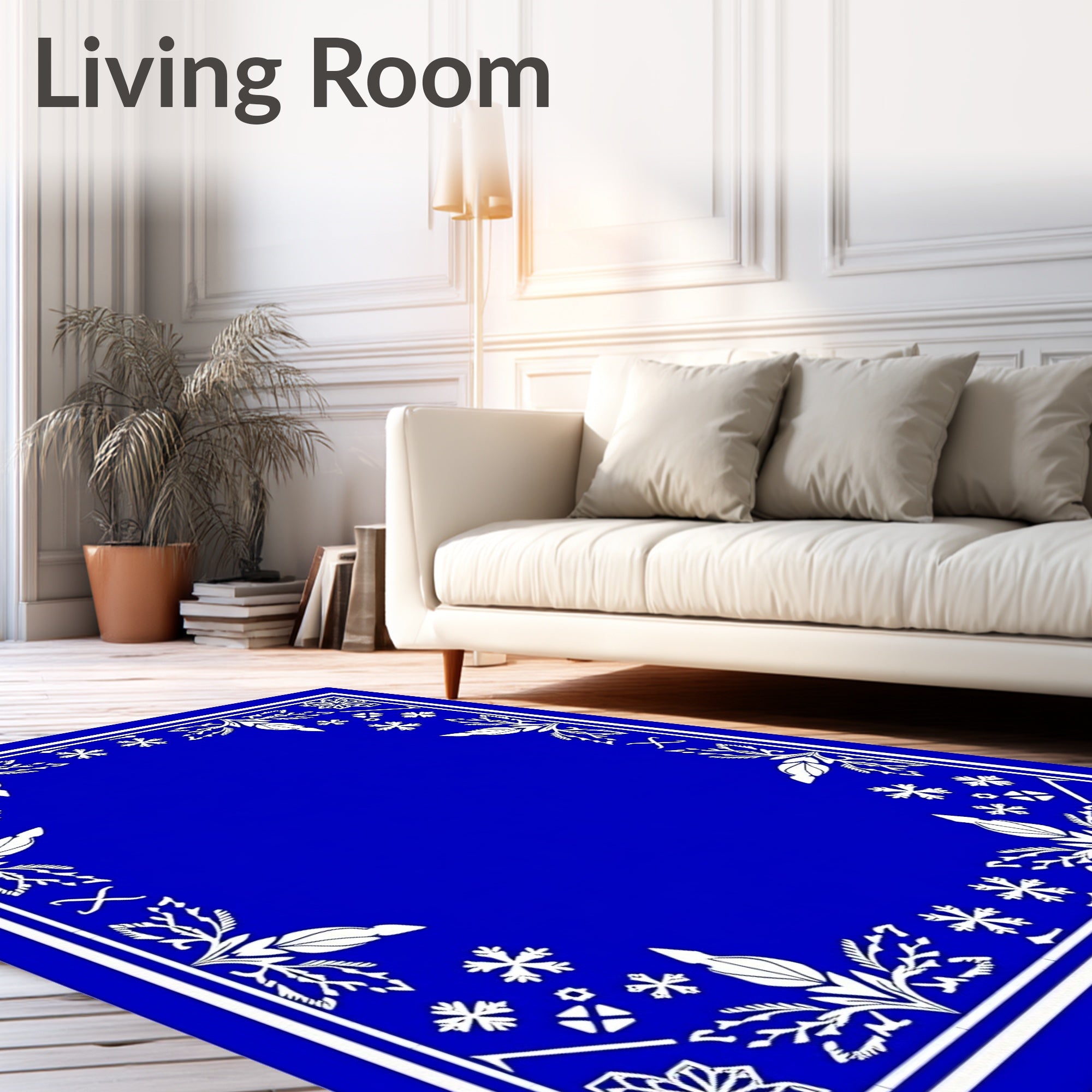 Deep Blue White Botanical Floral Frame Rug
