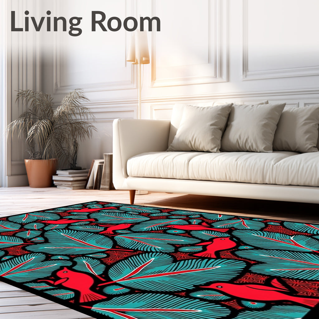 Crimson Birds Teal Feathered Foliage Rug