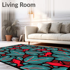 Crimson Birds Teal Feathered Foliage Rug
