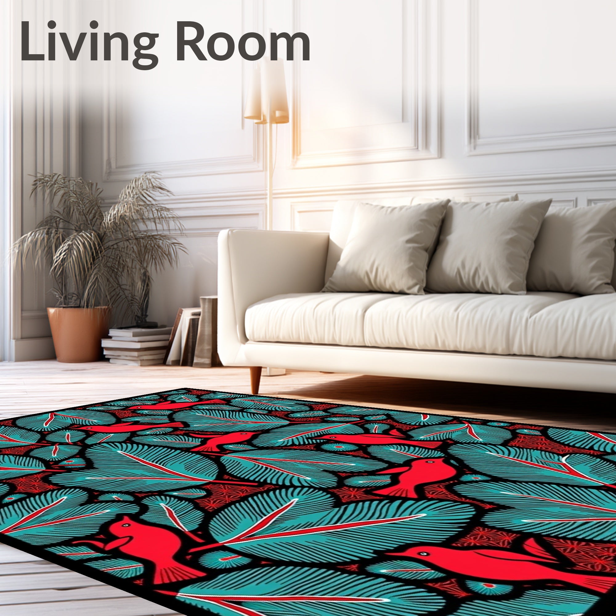 Crimson Birds Teal Feathered Foliage Rug