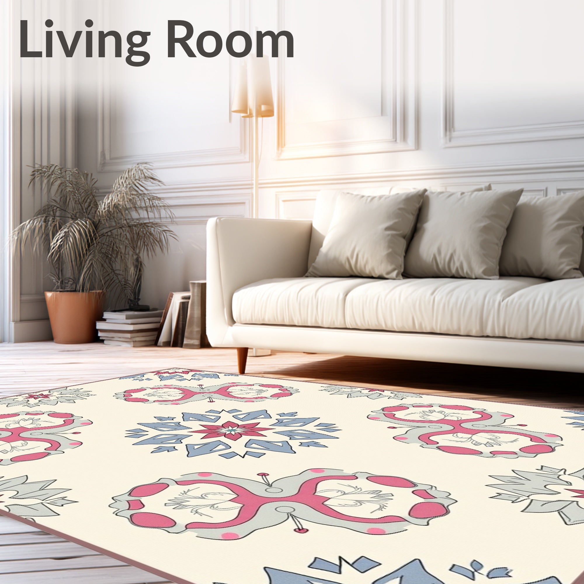 Cream Pink Gray Floral Medallion Rug