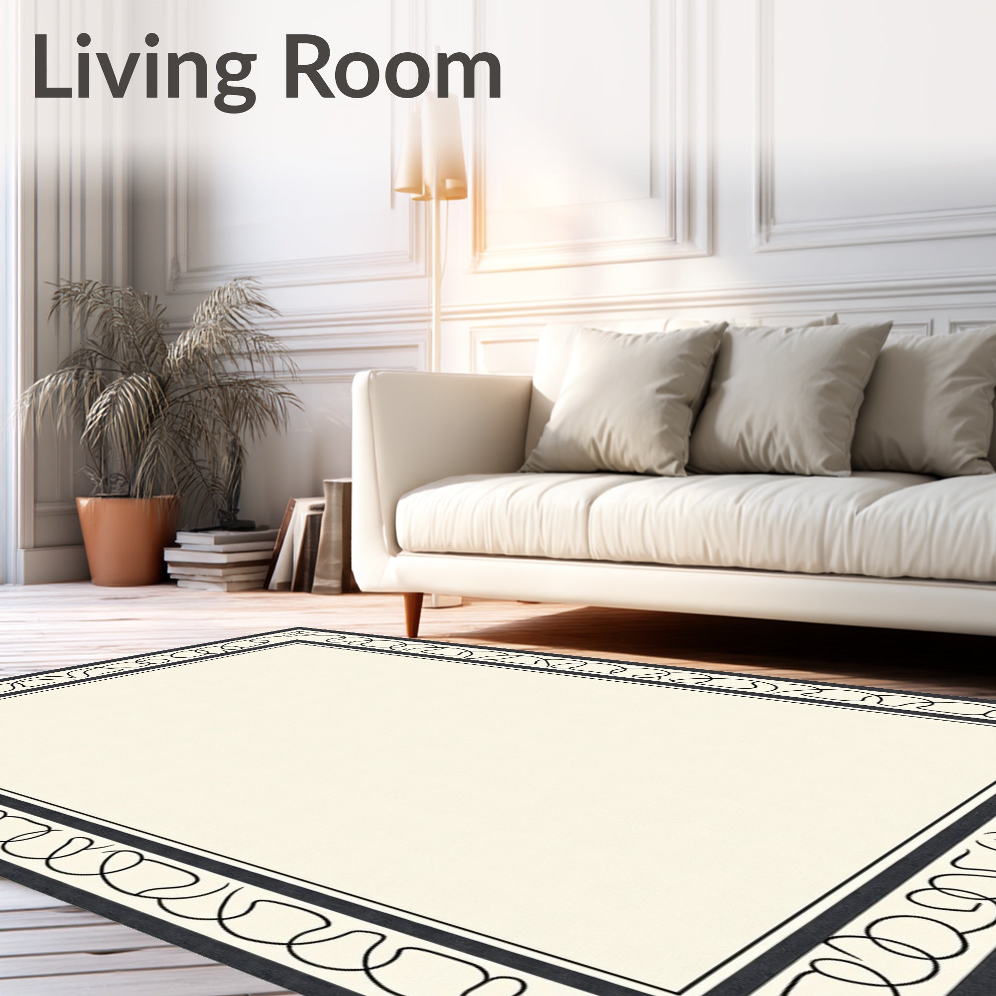 Ornate Cream And Black Border Rug