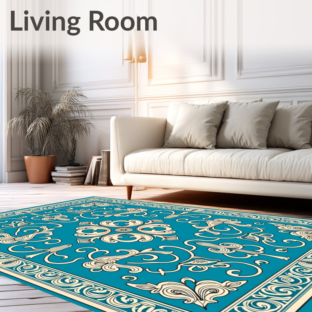 Teal Cream Ornate Floral Scroll Rug