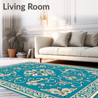 Teal Cream Ornate Floral Scroll Rug
