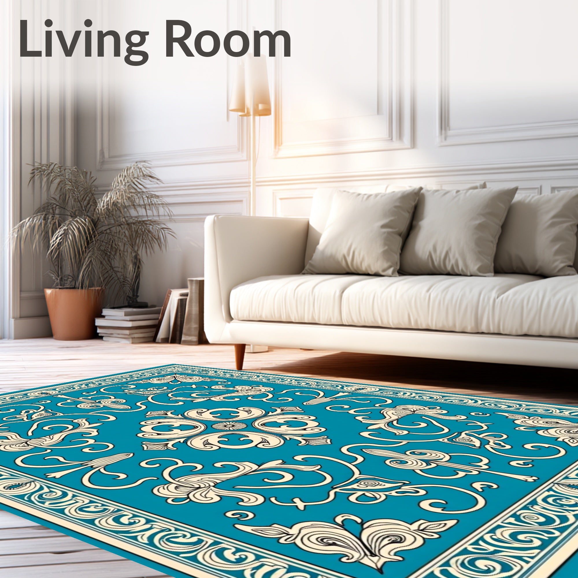 Teal Cream Ornate Floral Scroll Rug