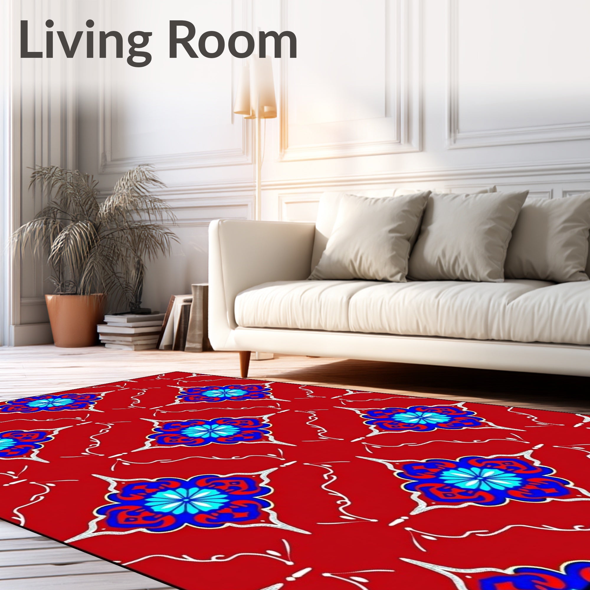 Red Blue Cyan Floral Lattice Rug