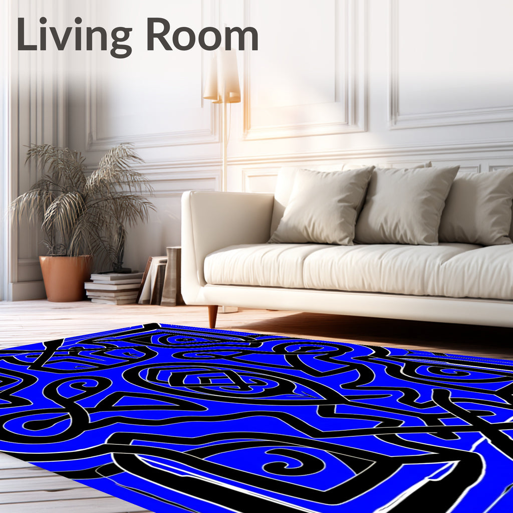 Bold Blue Interlocking Geometric Swirl Rug