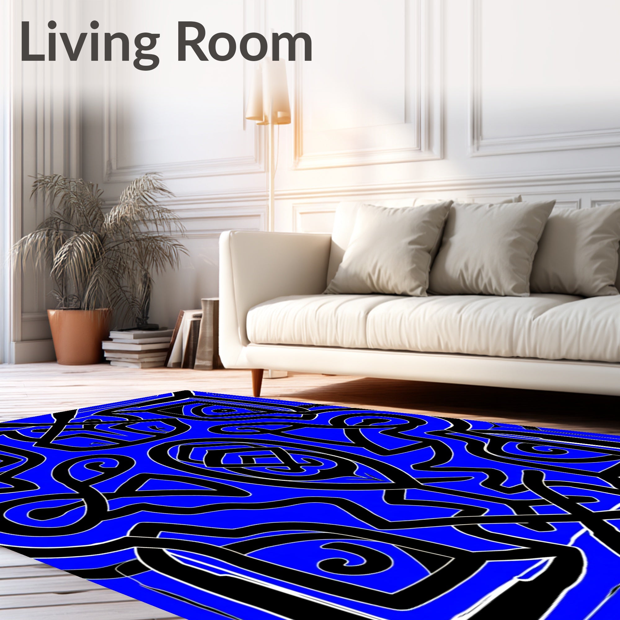 Bold Blue Interlocking Geometric Swirl Rug