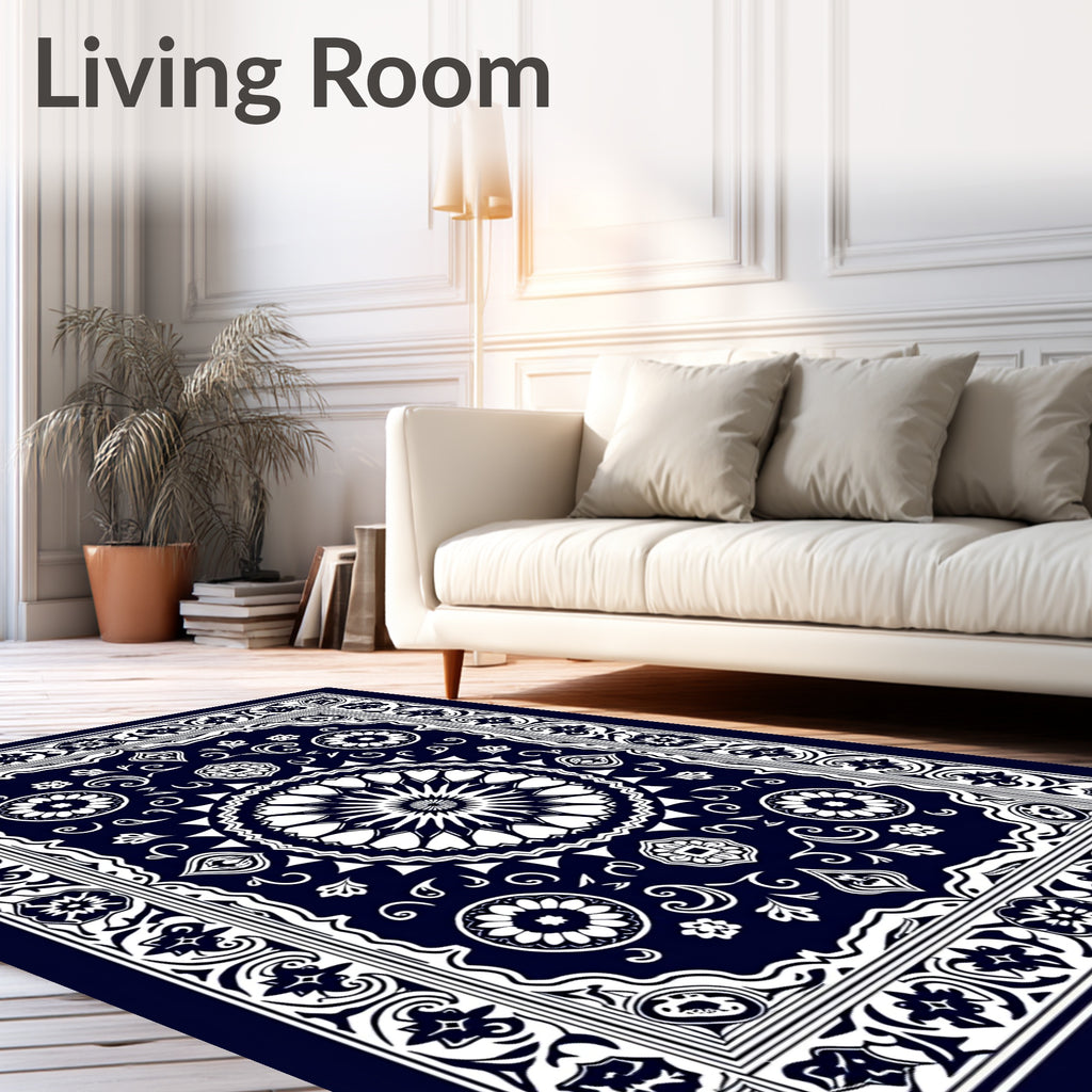 Traditional Navy and White Medallion Rug