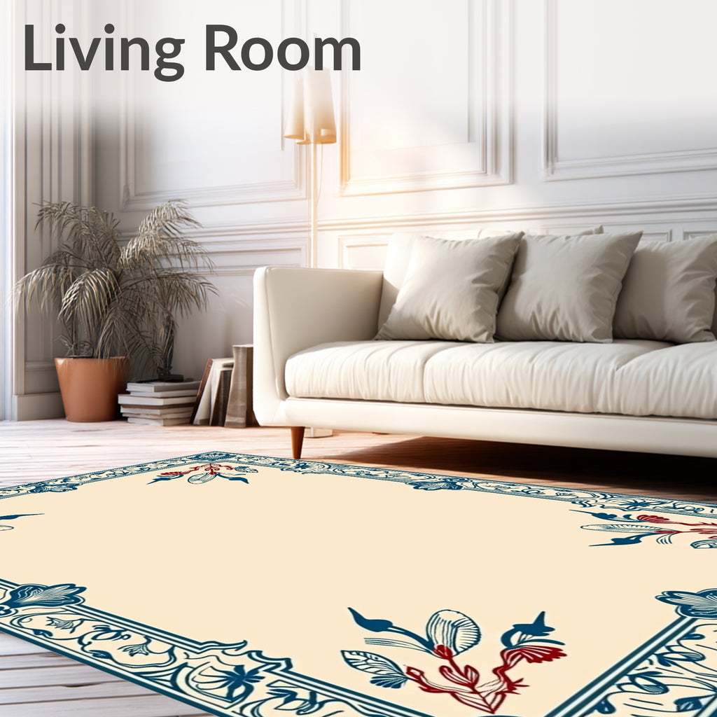 Classic Teal Red Floral Border Rug