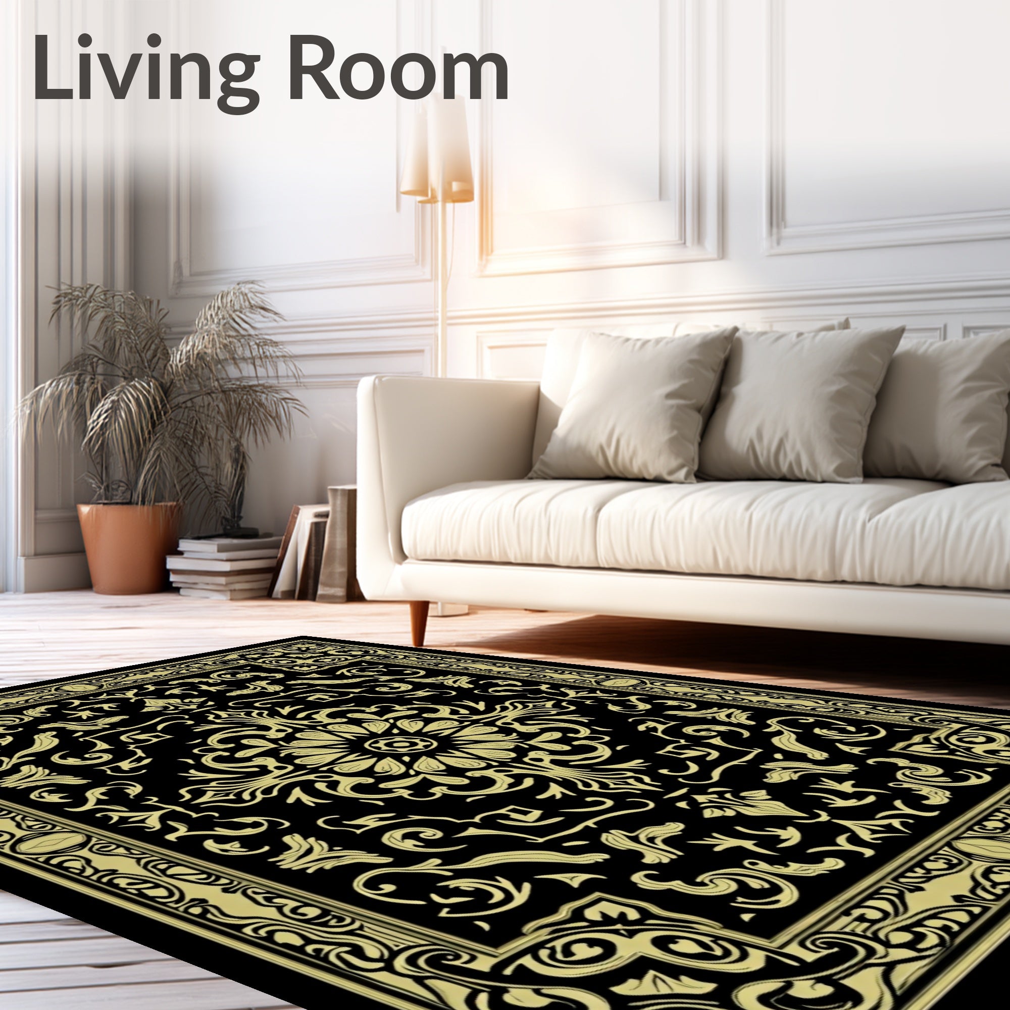 Golden Black Floral Inlay Rectangular Rug