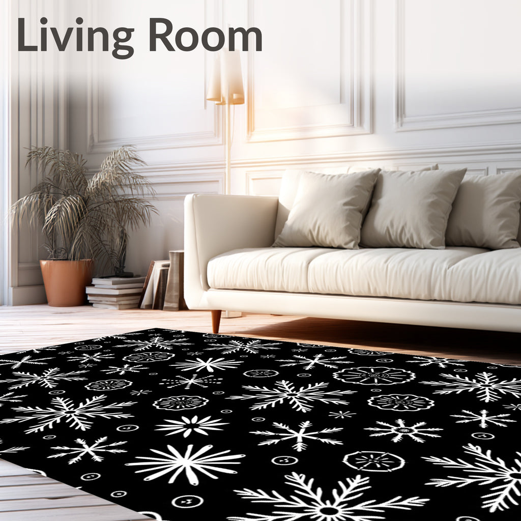 White Snowflake Black Background Repeating Pattern Rug