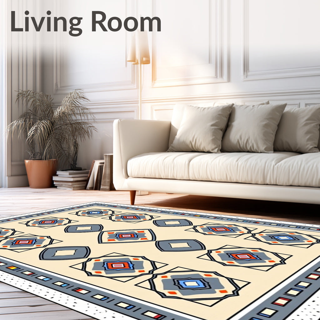 Cream Geometric Medallion Border Rug