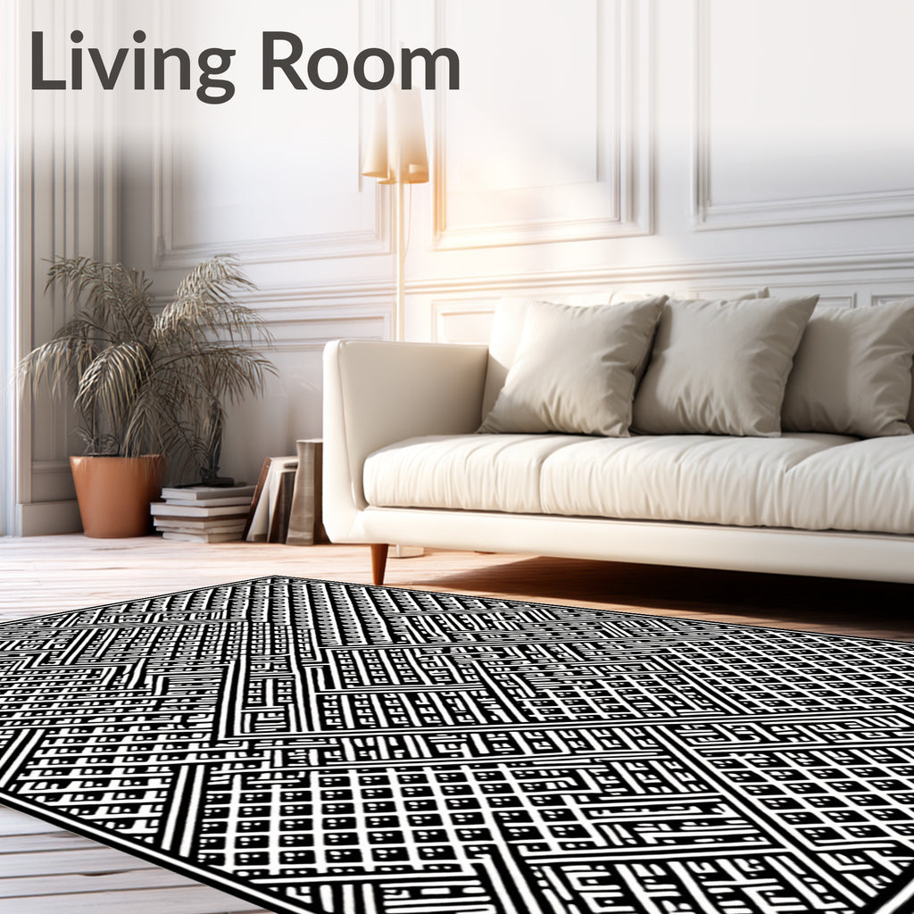 Black White Geometric Maze Runner Rug