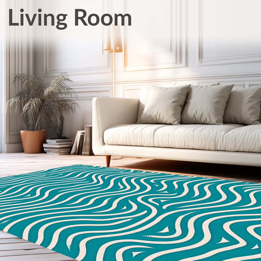 Deep Teal Cream Wavy Lines Rug