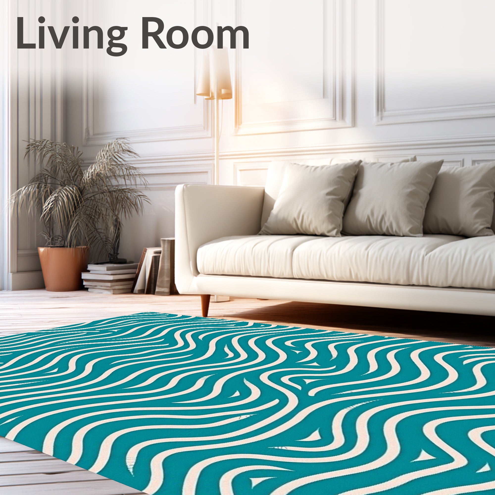 Deep Teal Cream Wavy Lines Rug