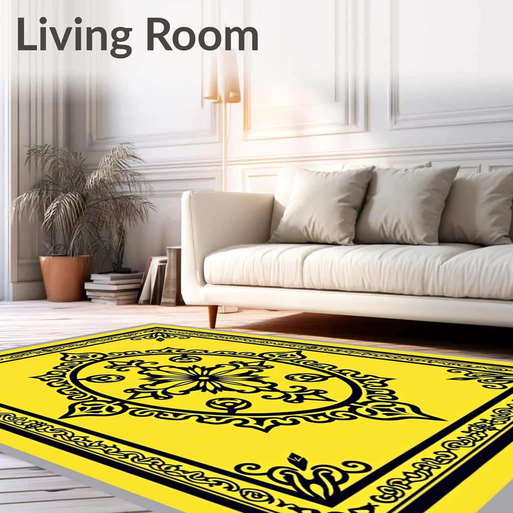 Golden Yellow Black Ornate Medallion Rug