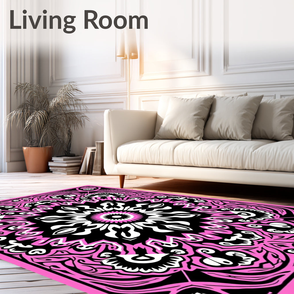 Vibrant Pink Black Floral Mandala Rug