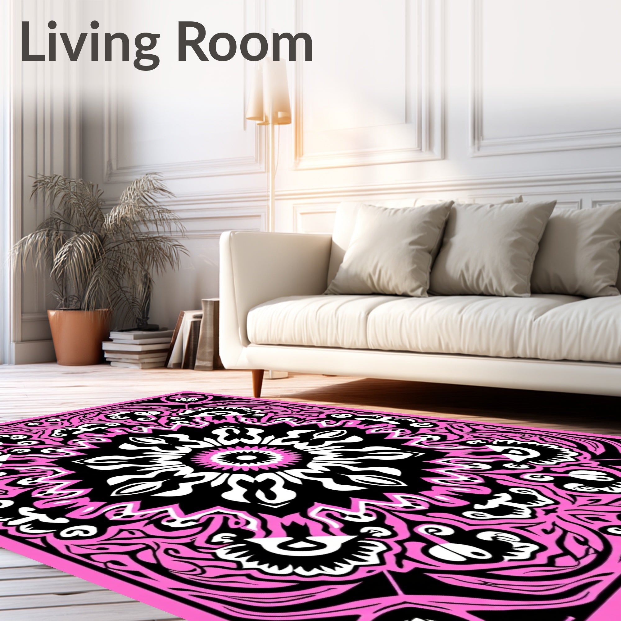 Vibrant Pink Black Floral Mandala Rug