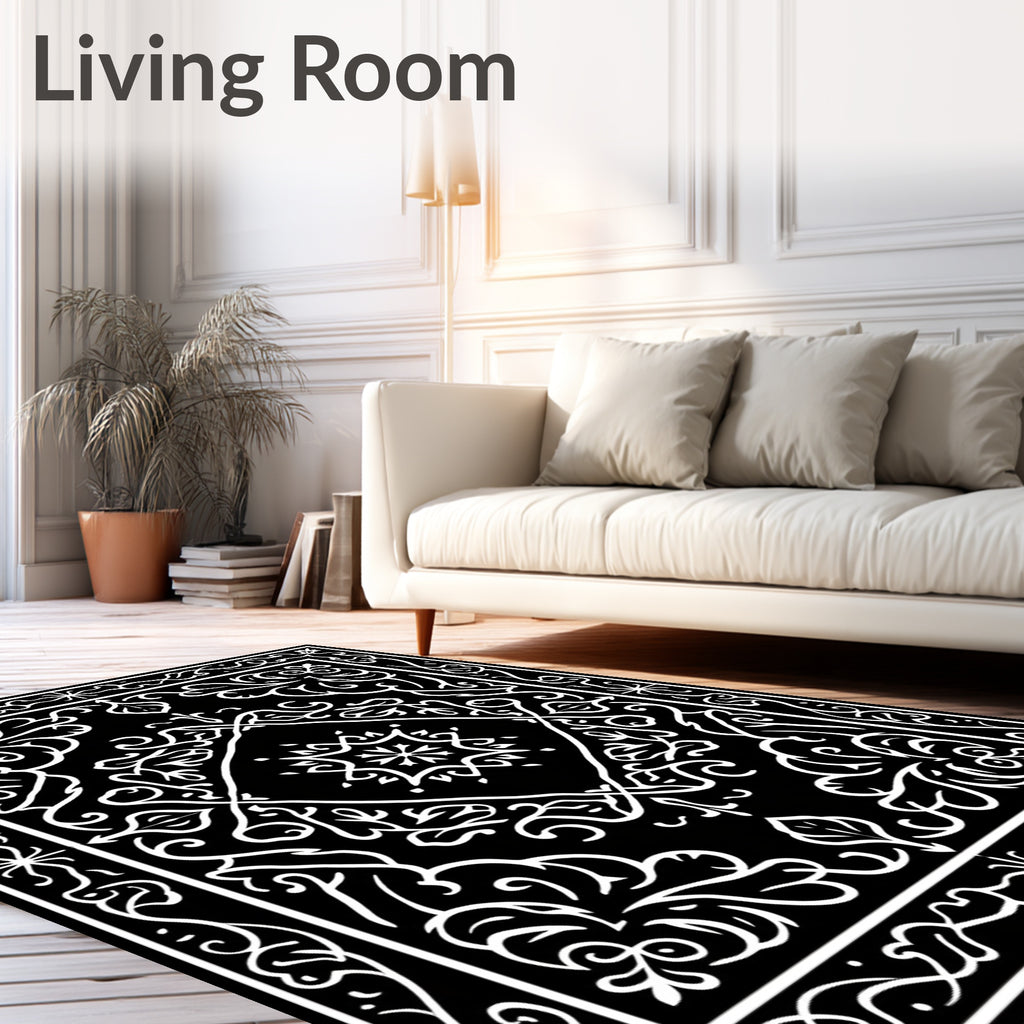 Elegant Black White Floral Medallion Rug