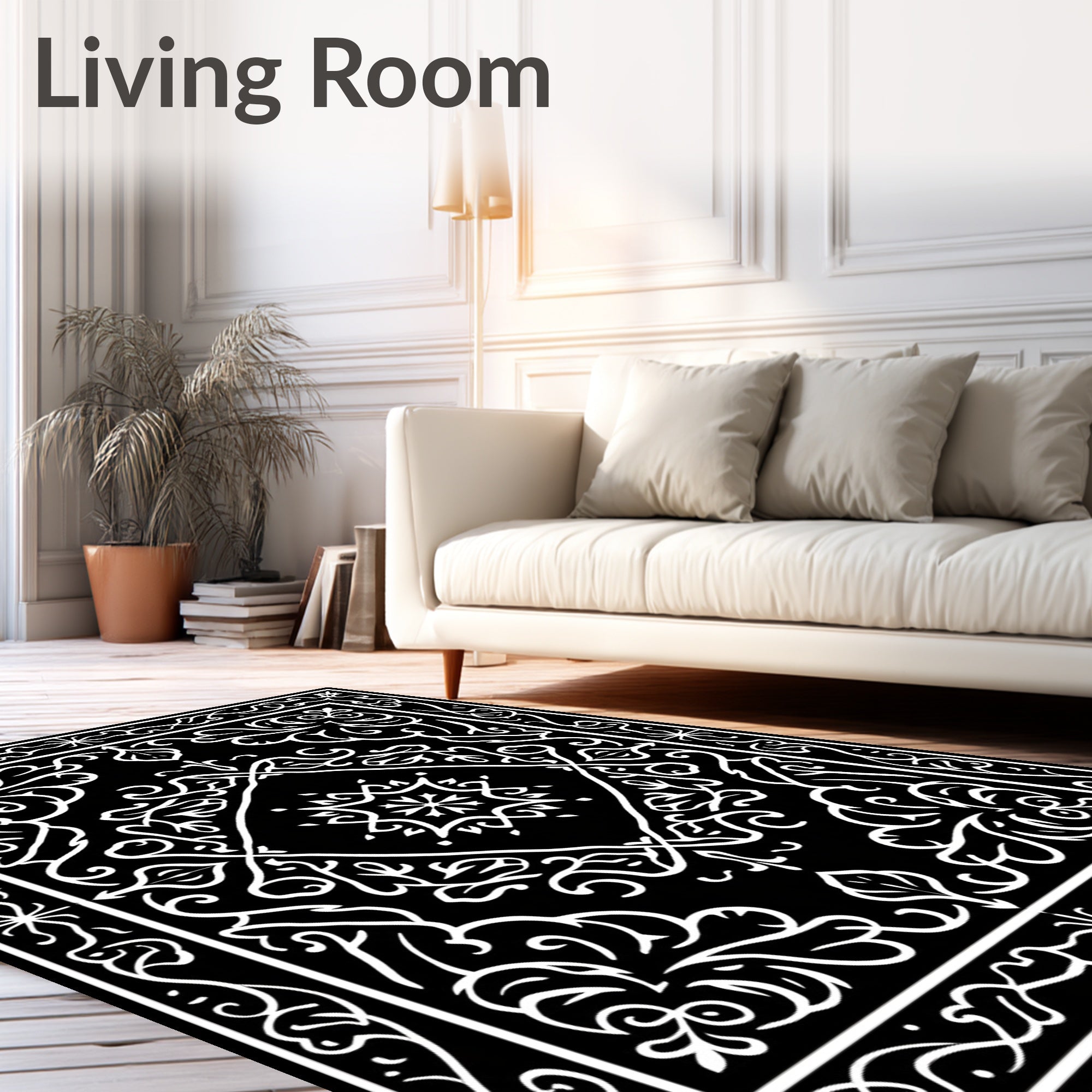 Elegant Black White Floral Medallion Rug