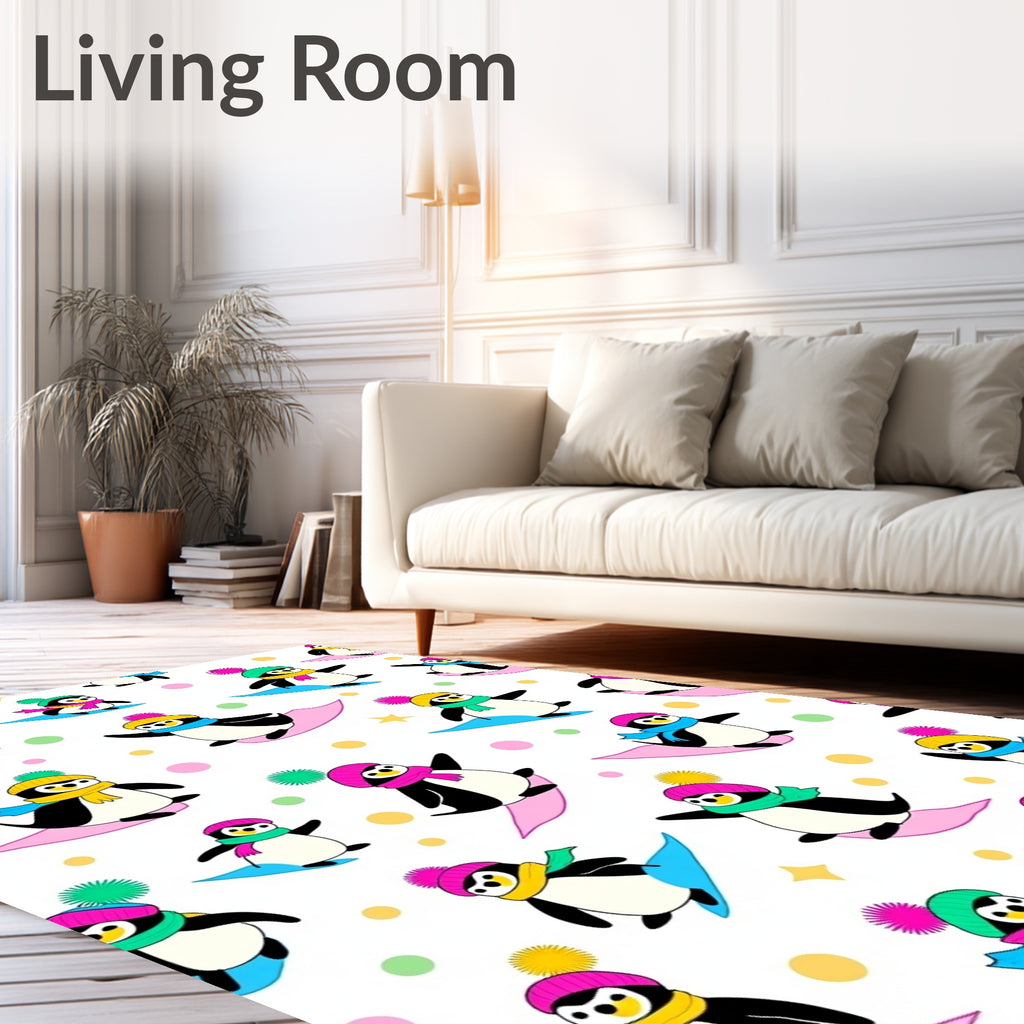 Playful Penguins Skiing Colorful Winter Scene Rug