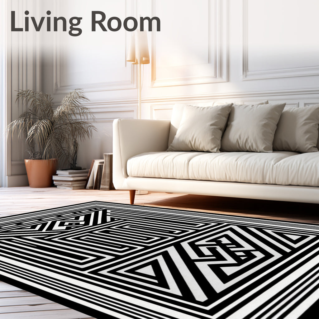 Monochrome Angular Labyrinth Floor Art Rug
