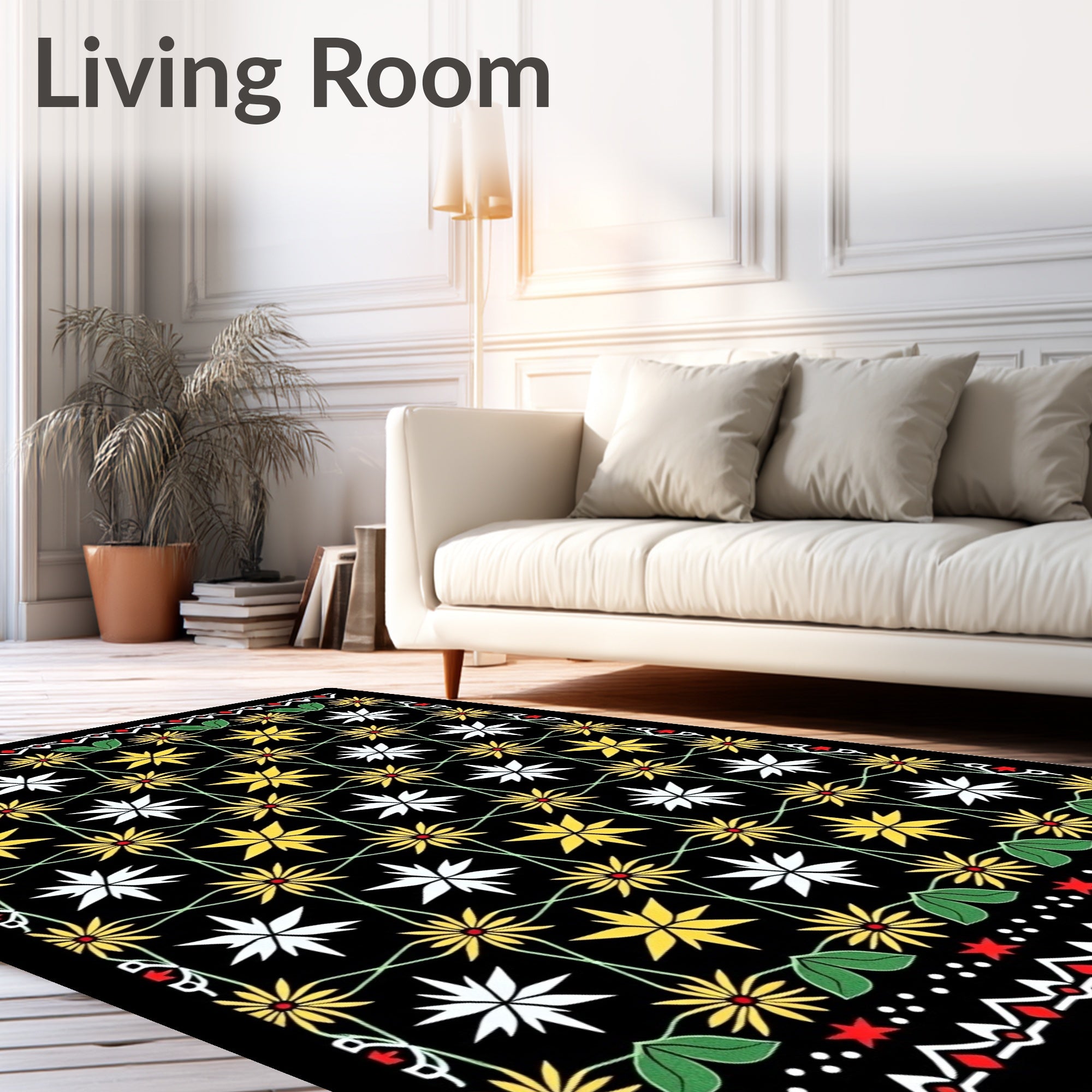 Black Garden Floral Vine Medallion Rug