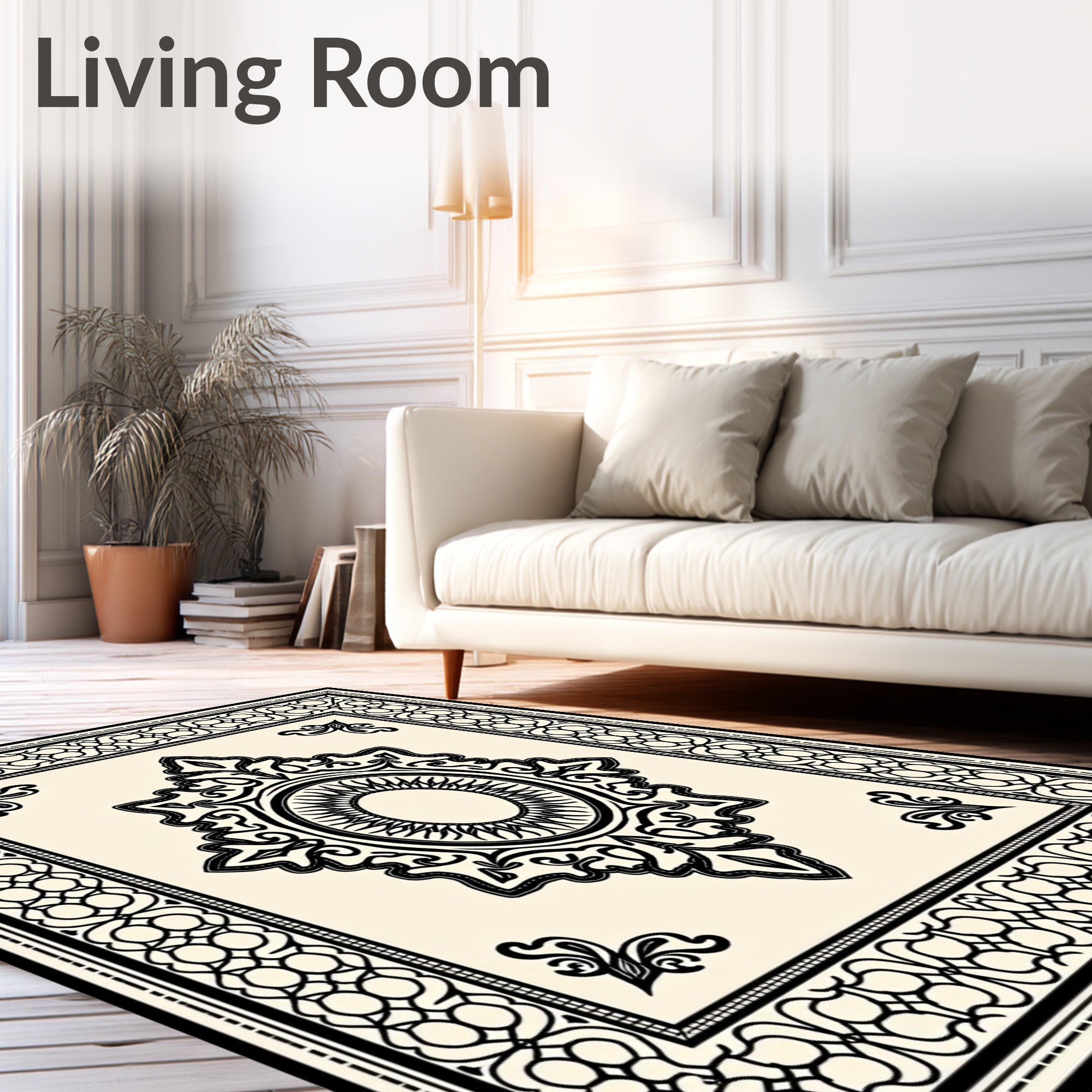 Cream Black Ornate Medallion Border Rug