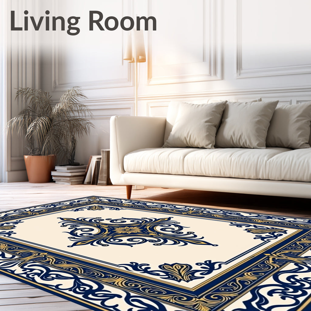 Ornate Navy Blue Golden Medallion Rug