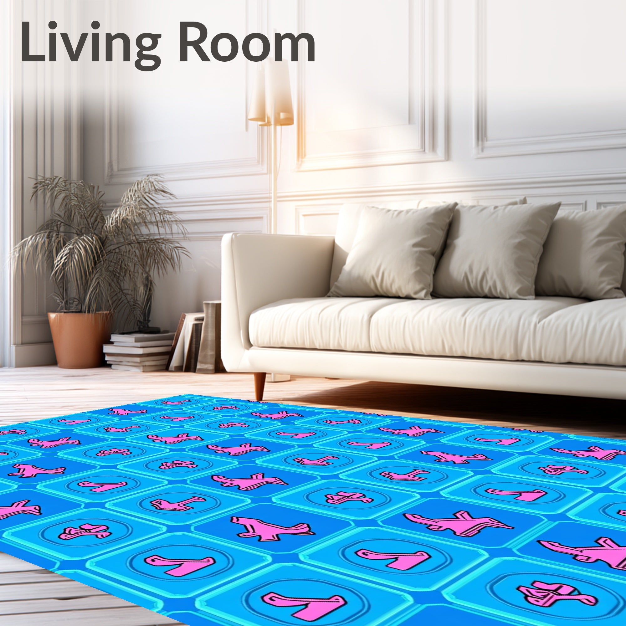 Bright Pink Abstract Shapes Blue Squares Rug