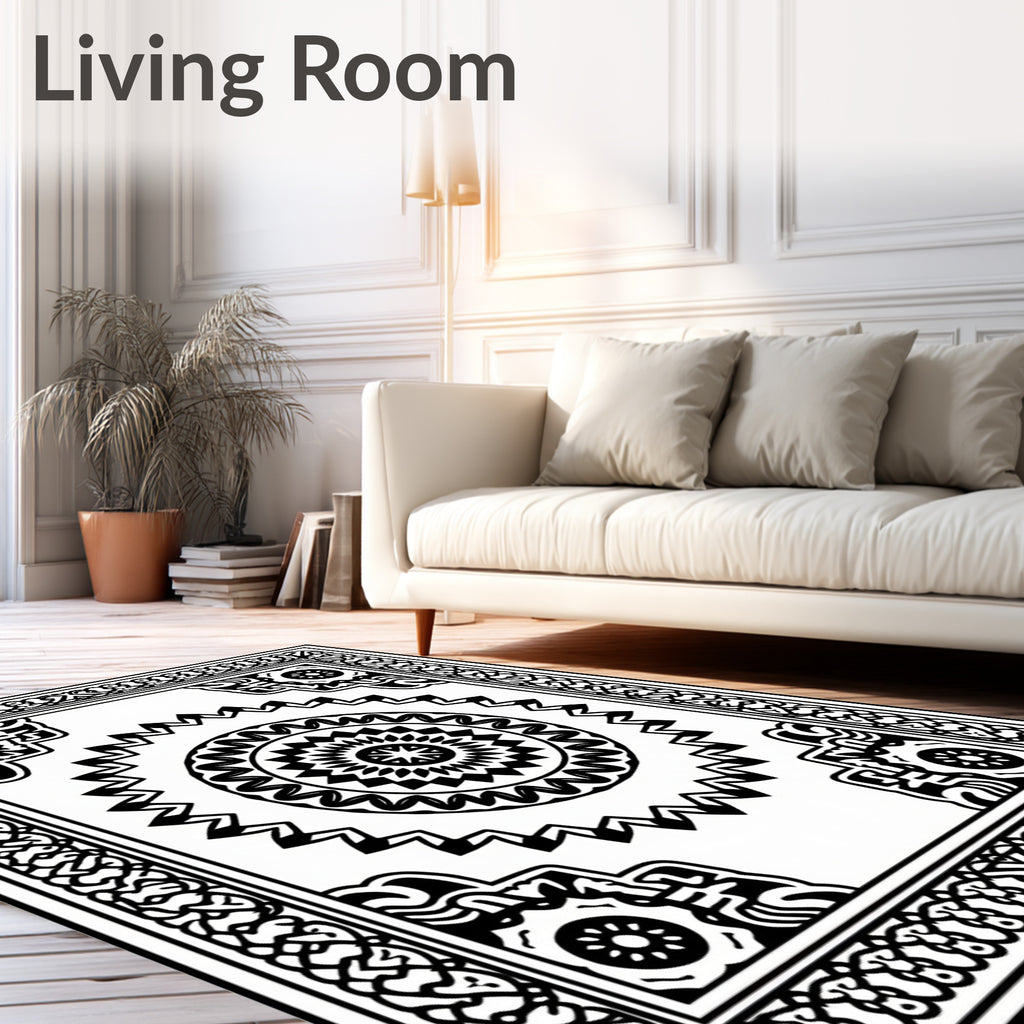 Mandala Sun Geometric Black White Rug